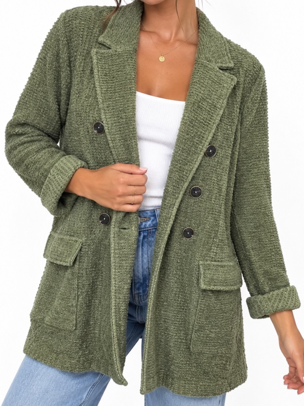Chico's Women’s Olive Green Bouclé Double-Breasted Blazer Coat Size XL